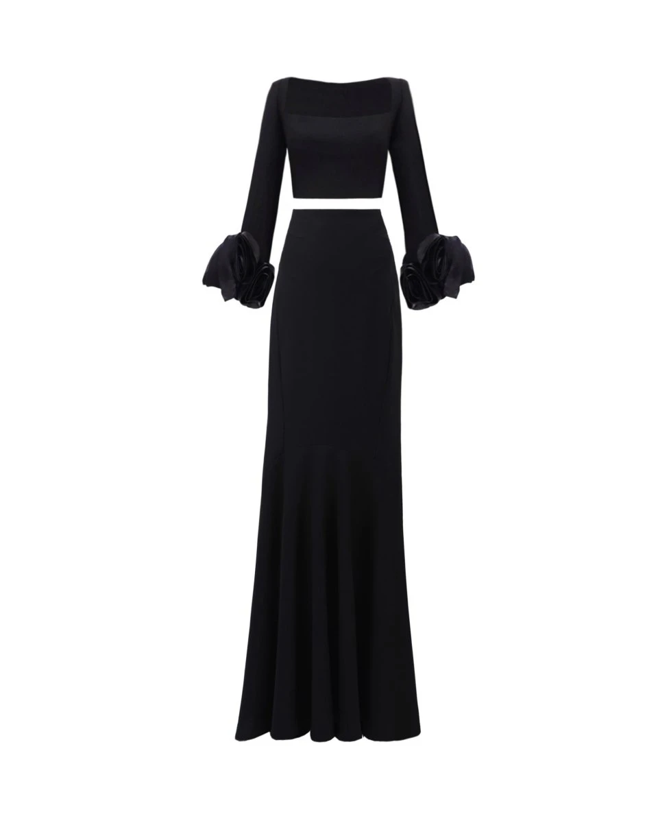 Gemy Maalouf Crepe Set With Floral Cuffs Gemy Maalouf Crepe Set With Floral Cuffs