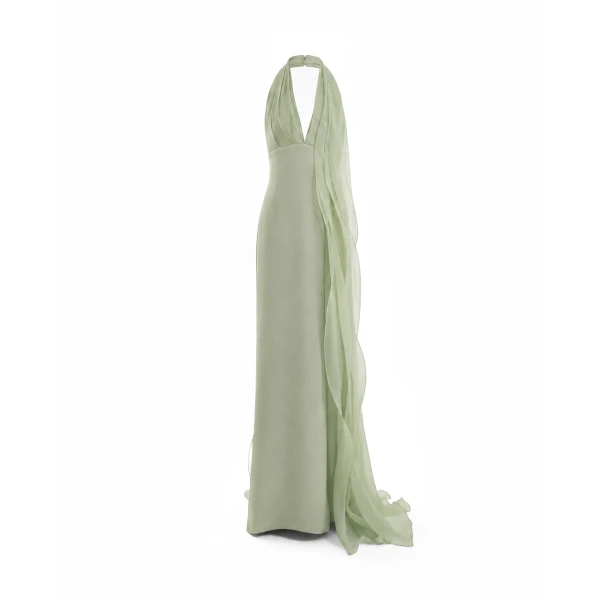 Gemy Maalouf Draped Halter Dress with Organza Panels