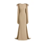 Gemy Maalouf Feather Beaded Crepe Dress