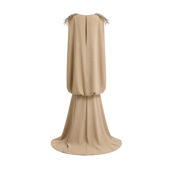 Gemy Maalouf Feather Beaded Crepe Dress