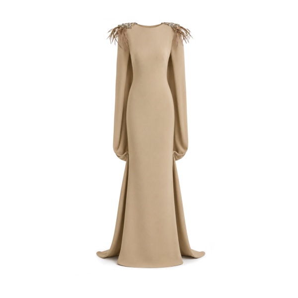 Gemy Maalouf Feather Beaded Crepe Dress