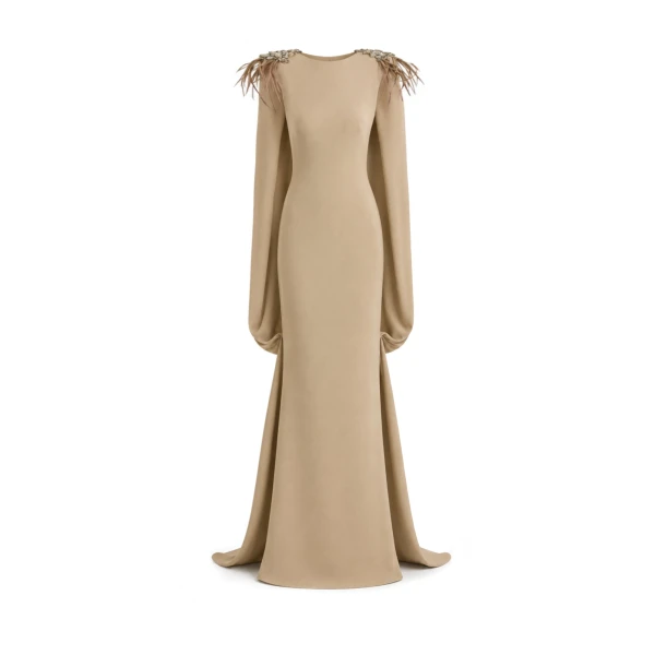 Gemy Maalouf Feather Beaded Crepe Dress