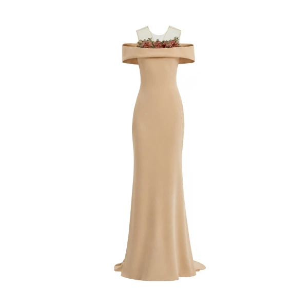 Gemy Maalouf Floral Beaded Off-Shoulder Dress