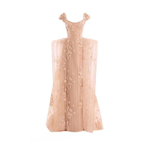 Gemy Maalouf Floral Embroidered Dress with Cap Sleeves