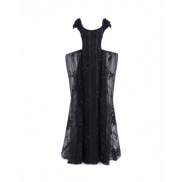 Gemy Maalouf Floral Embroidered Dress with Cap Sleeves