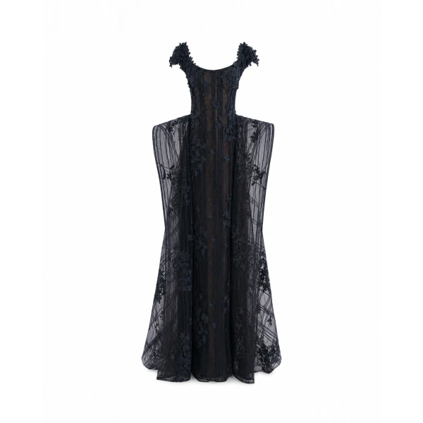 Gemy Maalouf Floral Embroidered Dress with Cap Sleeves