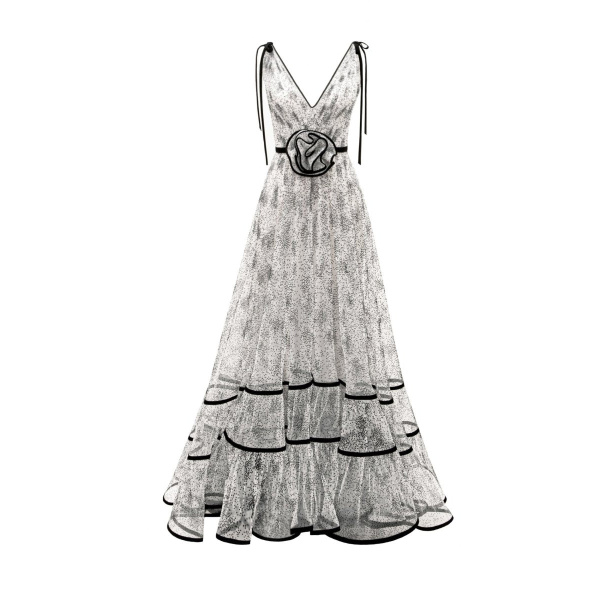 Gemy Maalouf Flower At The Waist V-Neckline Dress