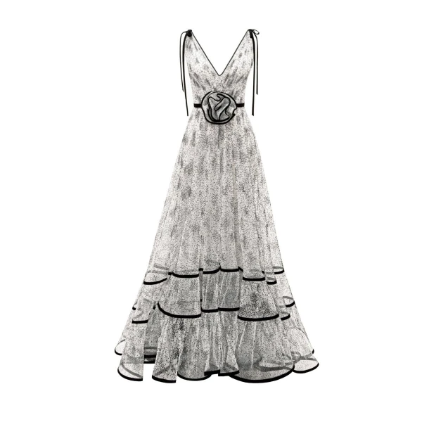 Gemy Maalouf Flower At The Waist V-Neckline Dress