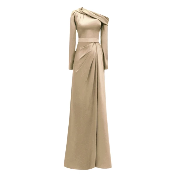 Gemy Maalouf Gold Asymmetrical Draped Neckline Dress