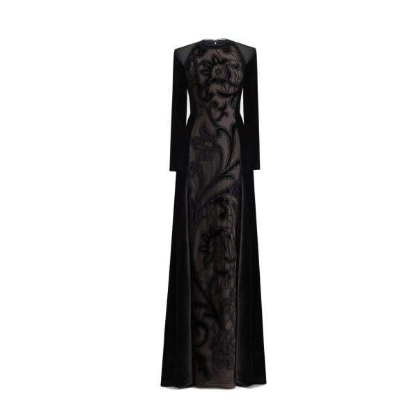 Gemy Maalouf High-Neck Velvet Embroidered Dress