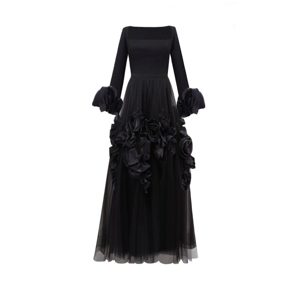 Gemy Maalouf Midi Tulle Dress With Floral Cuffs
