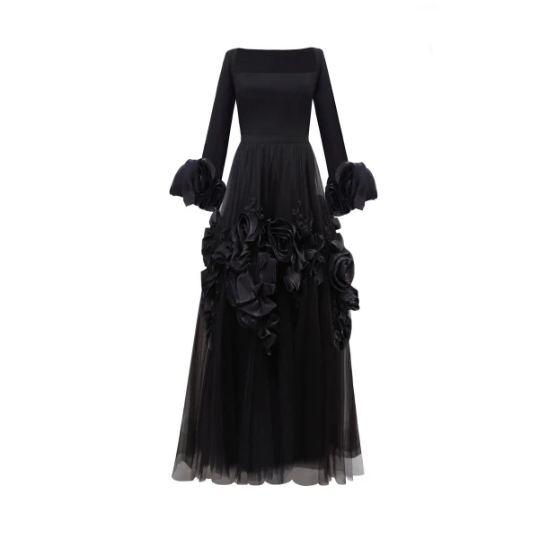 Gemy Maalouf Midi Tulle Dress With Floral Cuffs