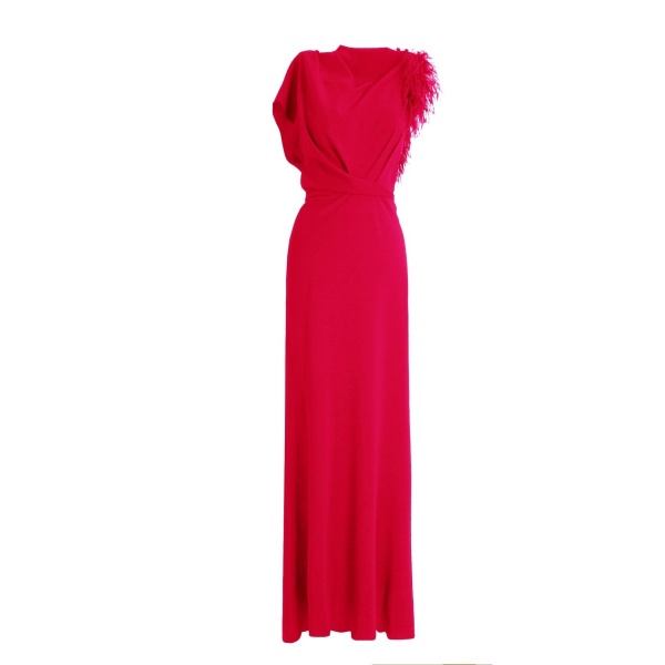 Gemy Maalouf Red Asymmetrical Feathered Crepe Dress