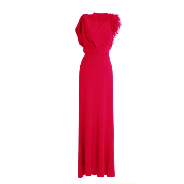 Gemy Maalouf Red Asymmetrical Feathered Crepe Dress