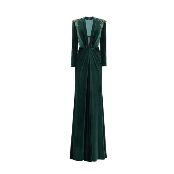 Gemy Maalouf Slim Velvet Dress with Beaded Shoulders