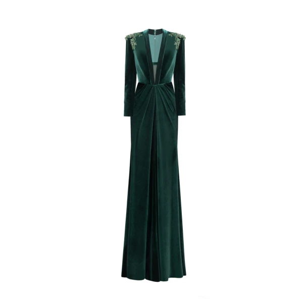 Gemy Maalouf Slim Velvet Dress with Beaded Shoulders
