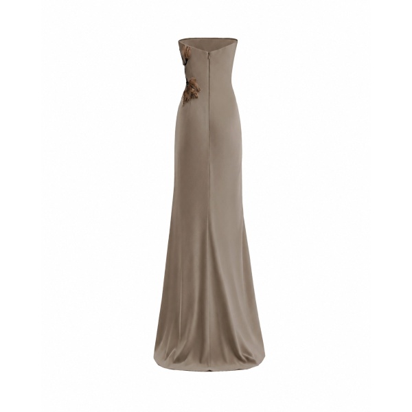 Gemy Maalouf Strapless Draped Dress with Beaded Floral Detail