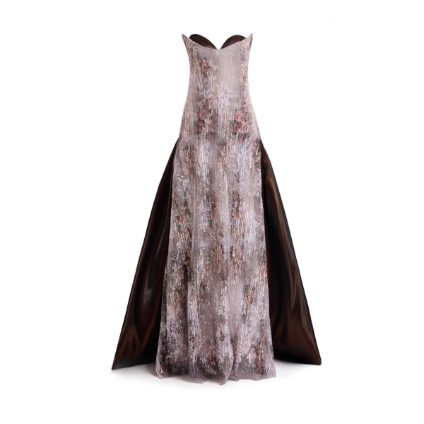 Gemy Maalouf Strapless Sculpted Neck Printed Dress