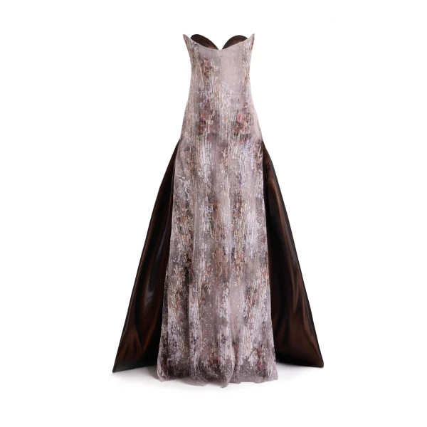 Gemy Maalouf Strapless Sculpted Neck Printed Dress