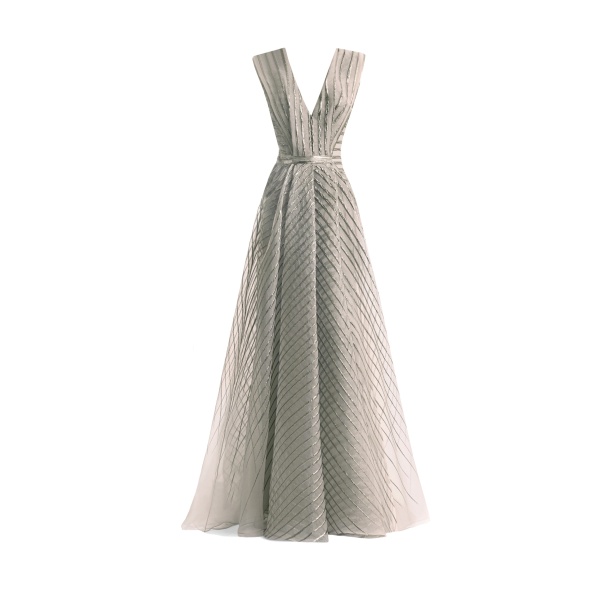 Gemy Maalouf V-Neck Devoré Striped Organza Dress