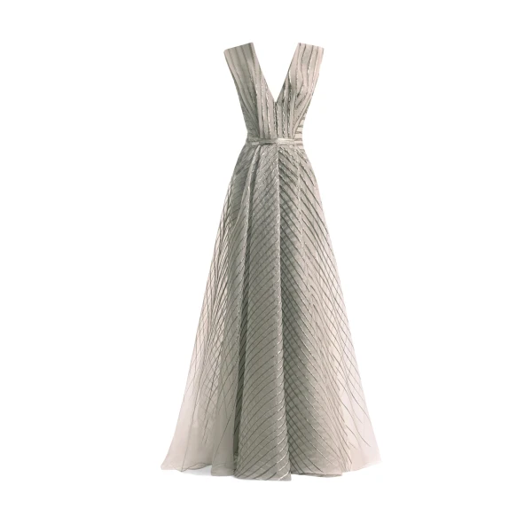 Gemy Maalouf V-Neck Devoré Striped Organza Dress