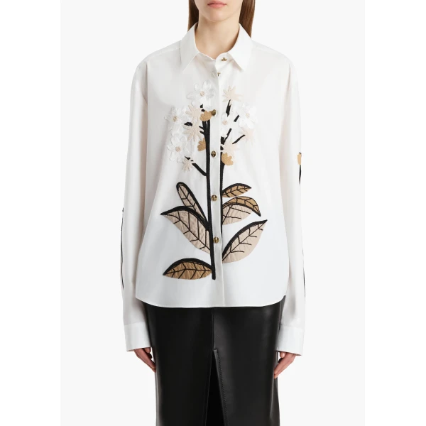 Argo Top in Chalk Cotton with Floral Embroidery