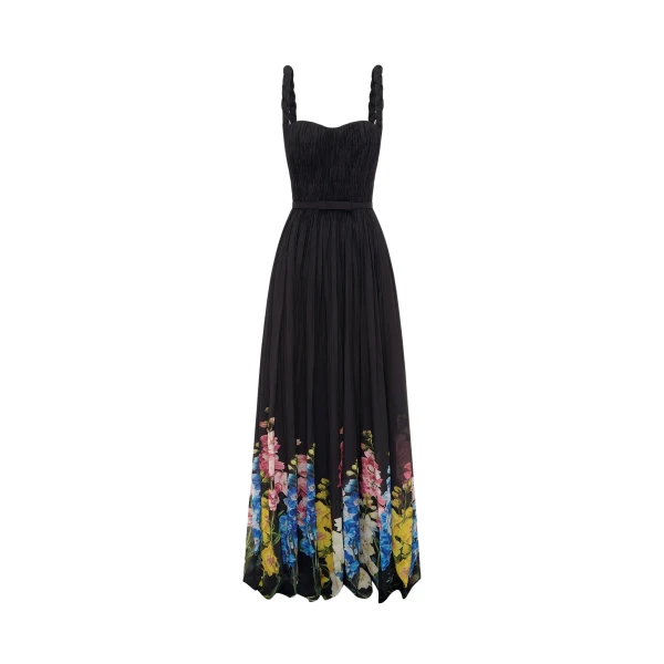 Angelina Ruffled Floor Length Dress in Snapdragon Print in Ebony