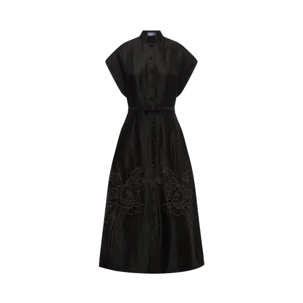 Aubrey Appliqué Shirt Midi Dress in Ebony