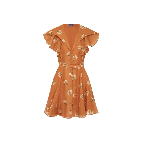 Isla Mini Dress in Lily Print in Ochre