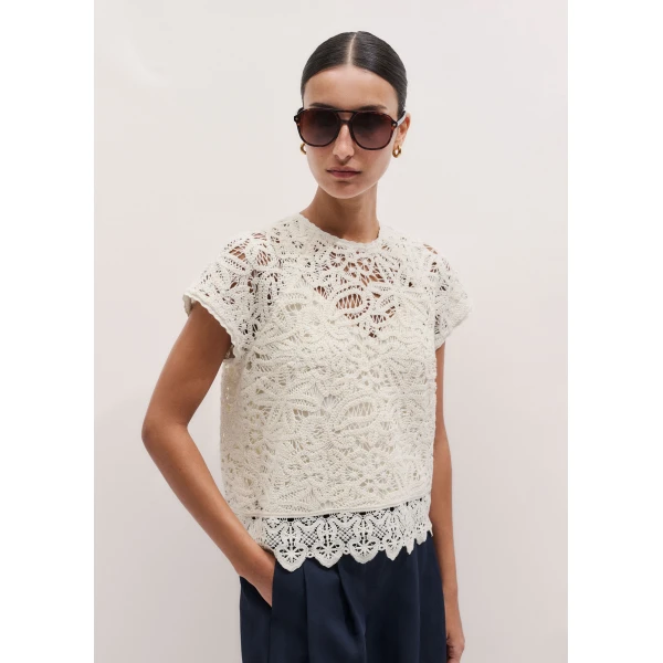 ME+EM ME+EM 2-in-1 Crochet Tee in Light Cream - Tops - Intelligent British Fashion at Coveti