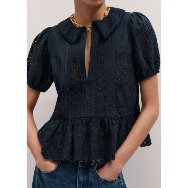 ME+EM ME+EM Broderie Peplum Top in Navy - Tops - Intelligent British Fashion at Coveti