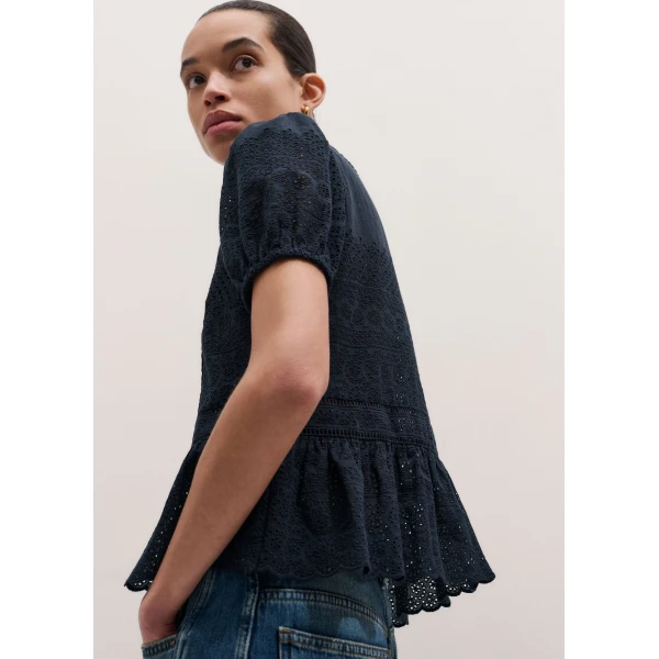 ME+EM ME+EM Broderie Peplum Top in Navy - Tops - Intelligent British Fashion at Coveti