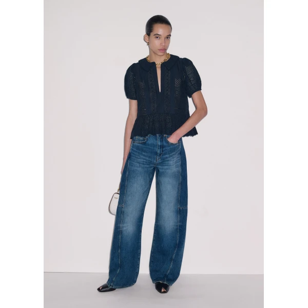 ME+EM ME+EM Broderie Peplum Top in Navy - Tops - Intelligent British Fashion at Coveti