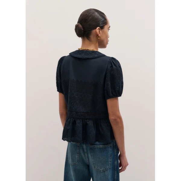 ME+EM ME+EM Broderie Peplum Top in Navy - Tops - Intelligent British Fashion at Coveti