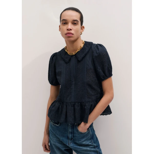ME+EM ME+EM Broderie Peplum Top in Navy - Tops - Intelligent British Fashion at Coveti