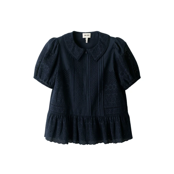 ME+EM ME+EM Broderie Peplum Top in Navy - Tops - Intelligent British Fashion at Coveti