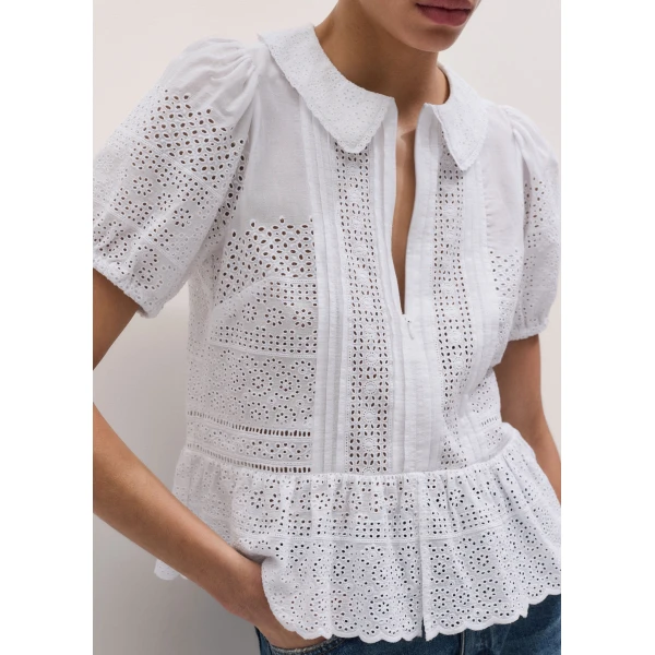 ME+EM ME+EM Broderie Peplum Top in Soft White - Tops - Intelligent British Fashion at Coveti