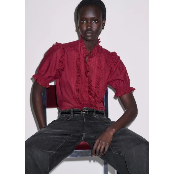 ME+EM ME+EM Broderie Straight Blouse in Pomegranate Red - Tops - Intelligent British Fashion at Coveti