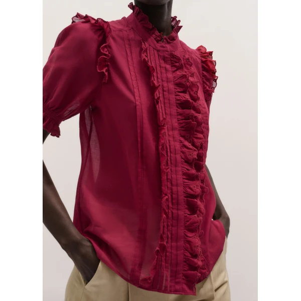 ME+EM ME+EM Broderie Straight Blouse in Pomegranate Red - Tops - Intelligent British Fashion at Coveti
