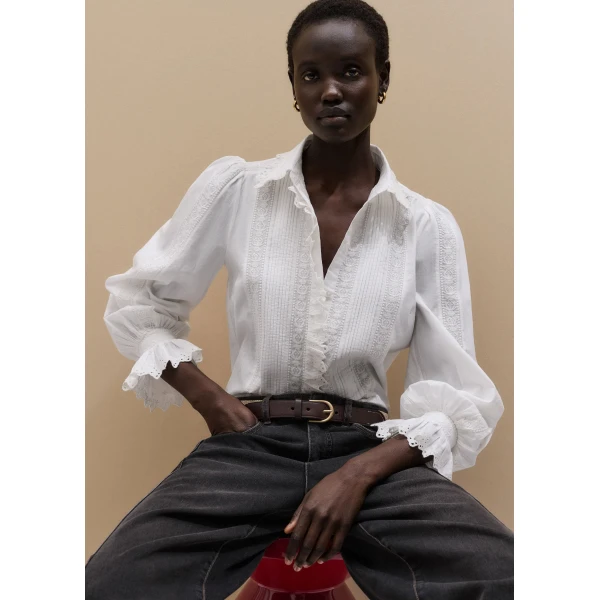 ME+EM ME+EM Broderie Straight Blouse in Soft White - Tops - Intelligent British Fashion at Coveti