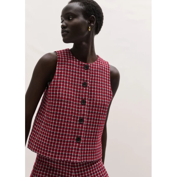 ME+EM ME+EM Button Shell Top in Pomegranate Red Multi - Tops - Intelligent British Fashion at Coveti