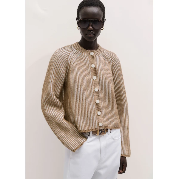 ME+EM ME+EM Contrast Rib Cardigan in Camel/Soft White - Knitwear - Intelligent British Fashion at Coveti