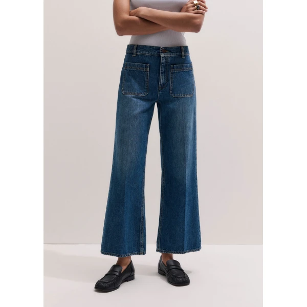 ME+EM ME+EM Crop Kick Flare Jean in Authentic Mid Blue Wash - Pants - Intelligent British Fashion at Coveti