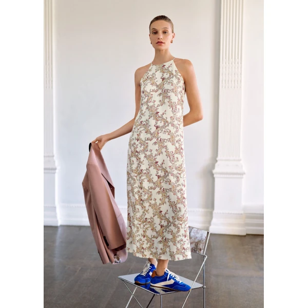 ME+EM ME+EM Halter Slim Maxi Dress in Light Cream/Multi - Dresses - Intelligent British Fashion at Coveti