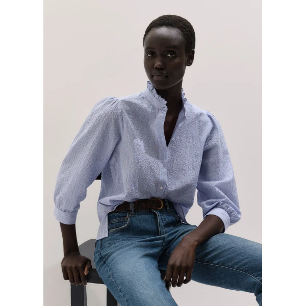 ME+EM ME+EM Pouf Sleeve Blouse in Blue/Soft White - Tops - Intelligent British Fashion at Coveti