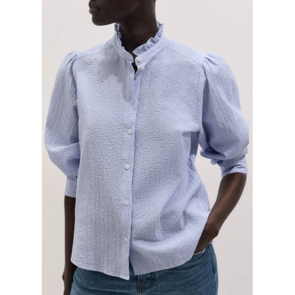 ME+EM ME+EM Pouf Sleeve Blouse in Blue/Soft White - Tops - Intelligent British Fashion at Coveti