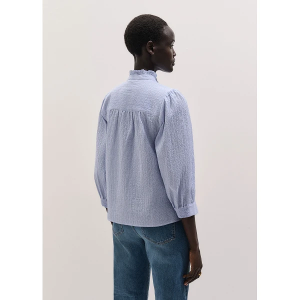 ME+EM ME+EM Pouf Sleeve Blouse in Blue/Soft White - Tops - Intelligent British Fashion at Coveti