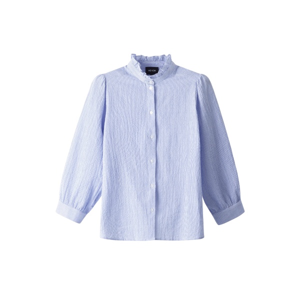 ME+EM ME+EM Pouf Sleeve Blouse in Blue/Soft White - Tops - Intelligent British Fashion at Coveti
