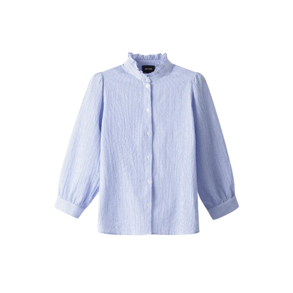 ME+EM ME+EM Pouf Sleeve Blouse in Blue/Soft White - Tops - Intelligent British Fashion at Coveti