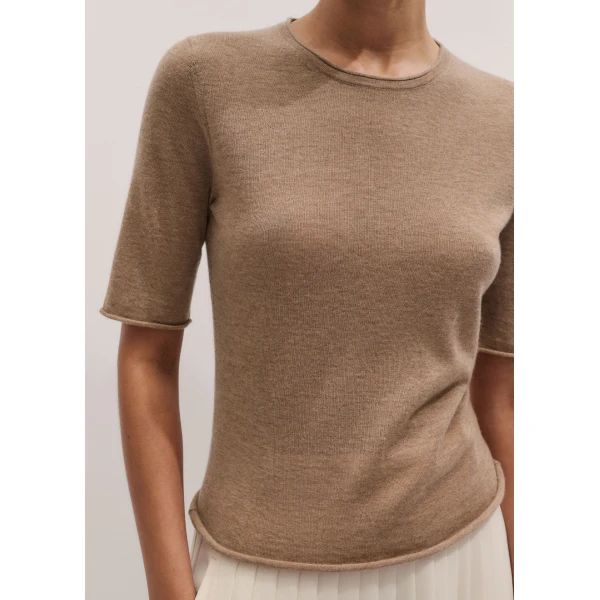 ME+EM ME+EM Raw Edge Slim Knit Tee in Camel Mélange - Knitwear - Intelligent British Fashion at Coveti